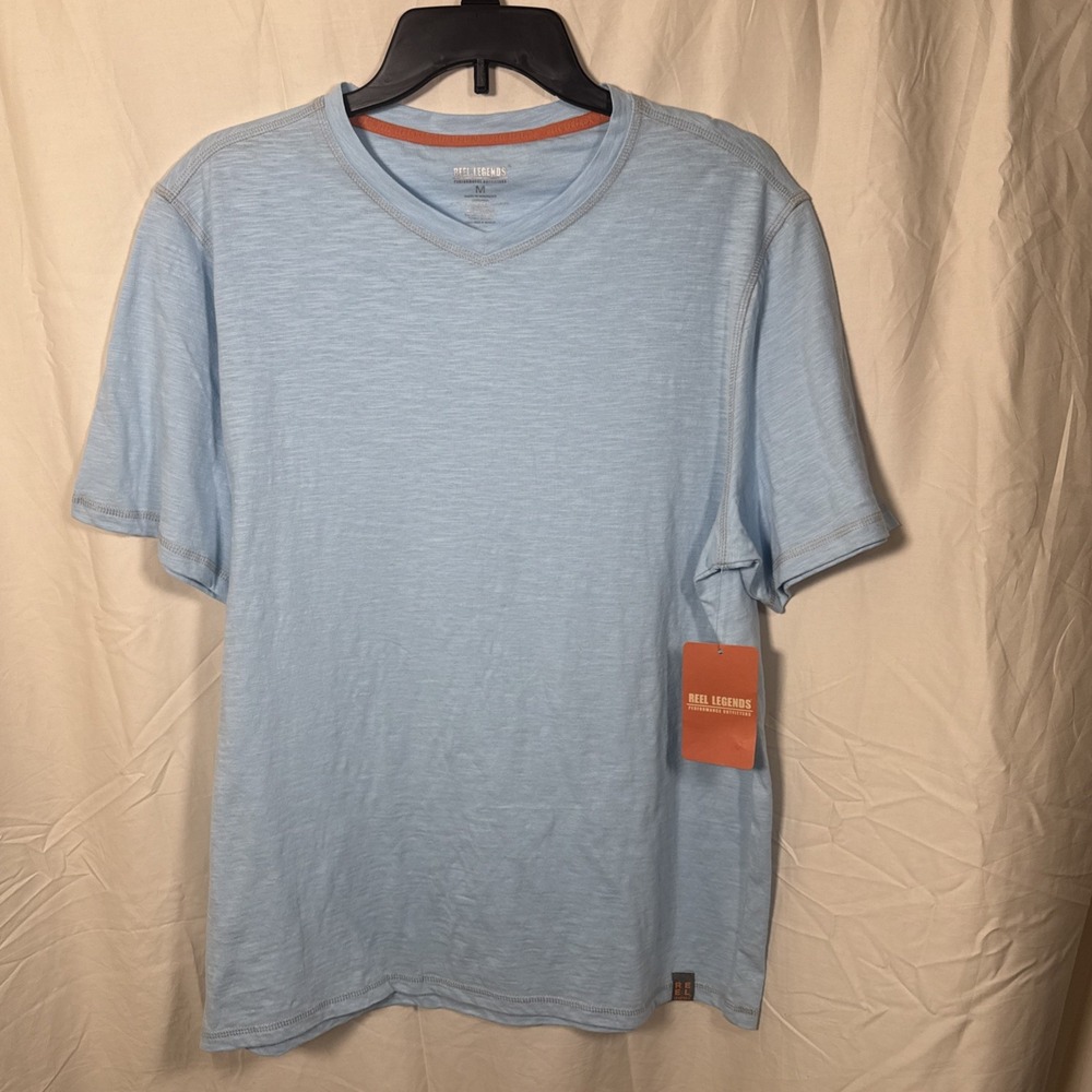 Reel Legends Mens Medium Light Blue V Neck T Shirt Performance Casual NWT